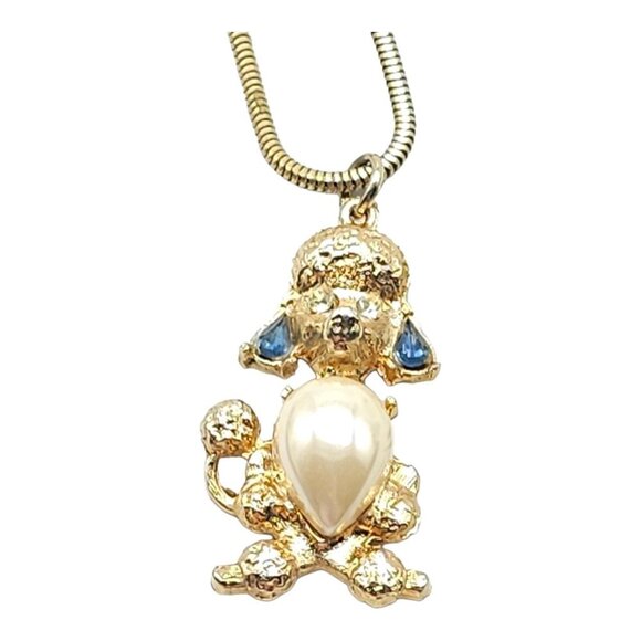 Blue Rhinestone Dog Pendant Snake Chain Necklace Faux Pearl Textured Gold Tone - Picture 7 of 8